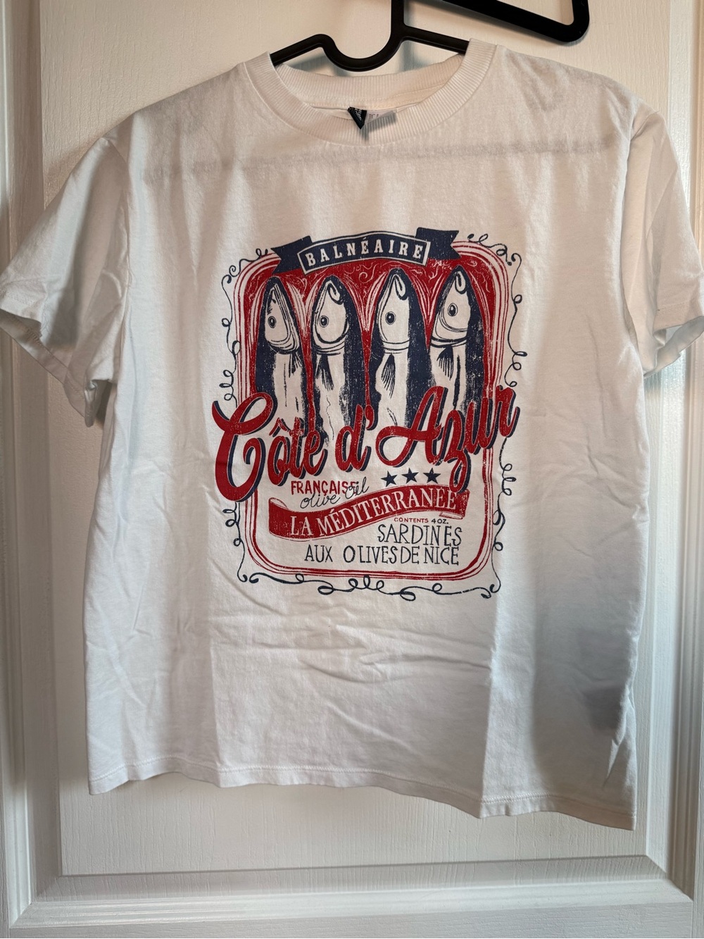 H&M White Tee with Red & Navy Côte d'Azur Sardine Graphic